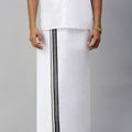 Men Double Layer White Dhoti with Fancy Border Aaral Black