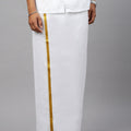 Men Cotton Blend Readymade Double Layer White Dhoti with Gold Jari Border W428