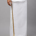 Men Cotton Blend Single Layer White Dhoti with 3/4" Gold jari Border Silver Sun
