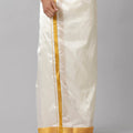Men Art Silk Double Layer Cream Dhoti with 3/4 Gold Jari Border Yoga