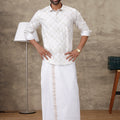 Men Cream Matching Border Dhoti With Printed Shirt Set Fusion PS1