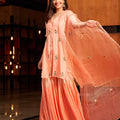 Heather Peach Embroidered Muslin Silk Sharara Set