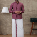 Men Wine Berry Shirt With Matching Border Dhoti Set Trendy