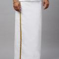 Men Cotton Blend Readymade Single Layer White Dhoti with 3/4" Gold Jari Border M146