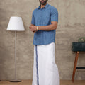 Men Oxford Blue Matching Border Dhoti with Printed Shirt Set Fusion PS7