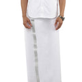Men Cotton Blend Double Layer White Dhoti with 1 1/2" Jari Border Silver Bright
