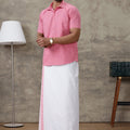Men Persian Pink Shirt With Matching Border Dhoti Set Trendy