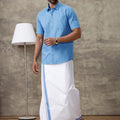 Men Blue Shirt With Matching Border Dhoti Set Evolution