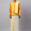 Men Full Sleeves Golden Yellow Shirt with Matching Border Cream Dhoti & Towel Set K6