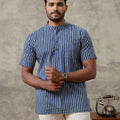 Men Cotton Short Length Striped Pocket Kurta Blue OE6