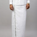 Men 100% Cotton Single Layer White Dhoti with 1" Silver Jari Border Shringar