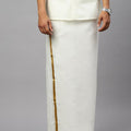 Men 100% Cotton Double Layer Cream Dhoti with 1"Gold Jari Border Arputha