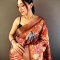 Brown Chex Kalamkari Floral Print Saree