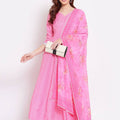 Indian Clothing Myshka Women's Pink Printed Cotton Blend 3/4 Sleeve V Neck Casual Anarkali Kurta Dupatta Set