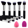Kabuki Makeup Brush Set 10pcs with Sponge & Cleaner Black/Silver