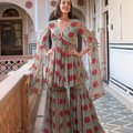 Turquoise Green Blush Printed Chinon Sharara Set