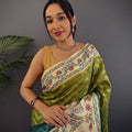 Olive Madhubani Print Soft Silk Saree