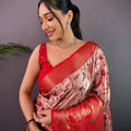 Elegant Soft Cherry Satin Kalamkari Print Saree