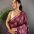 Dark Mauve Leaf Print Ghicha Handloom Saree