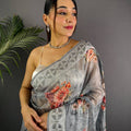 Grey Lakhnavi Linen Digital Print Saree