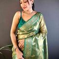 Serene Forest Green Kora Tissue Saree