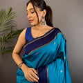 Teal Blue Silk Blend Floral Saree