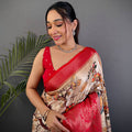 Beige Kalamkari Printed Soft Satin Saree
