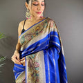 Blue Geometric Zari And Kalamkari Silk Saree