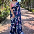 Navy Satin Georgette Floral Print Saree