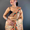 Beige Jungle Floral Zari Tissue Saree