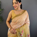 Olive Linen Chanderi Floral Print Saree