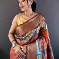 Rust Orange Tussar Silk Kalamkari Checkered Saree