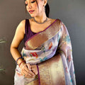 Lavender Floral Gold Zari Tissue Saree