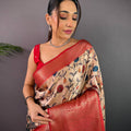 Cream Cherry Satin Kalamkari Saree