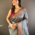 Grey Soft Silk Coppar Zari Weaving Saree