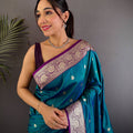 Teal Blue Soft Silk Feather Saree