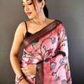 Pink Soft Silk Freehand Kalamkari Print Saree