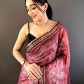 Rose Pink Gold Zari Chanderi Phulkari Saree