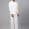Men White Full Sleeves Shirt with 3/4'' inch Gold Jari Border Double Layer Dhoti & Towel Combo