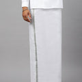 Men Cotton Blend Single Layer White Dhoti with 3/4" Silver Jari Border