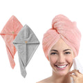 Hair Towel Wrap for Women-Quick Drying Microfiber Towel for Hair with Elastic Loop for Tying-Super Absorbent Head Towels Wrap for Ladies Hair Turban (Pack of 2-Grey & Pink)