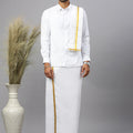 Men White Full Sleeves Shirt with 1/2'' inch Gold Jari Border Single Layer Dhoti & Towel Combo