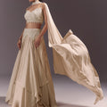 Beige Frill Skirt And Embroidered Blouse Set With Choker Dupatta