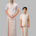 Like Father Like Son Tissue Jari Half Sleeves Shirt Dhoti Combo Sankalpam Copper