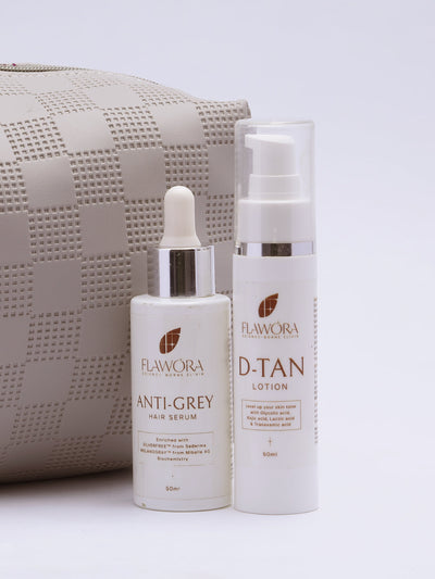 Flawora Anti-Grey Hair Serum For Reversing Grey Hair & D-Tan Lotion For Pigmentation Tan Removal