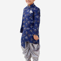 Boy's Blue And Grey Angrakha Style Indowestern Sherwani And Dhoti Set