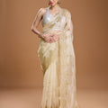Jyoti Fashion Women's Cream Net Sequins Embroidered Designer Saree with Blouse