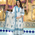 Juniper White Floral Printed Cotton A-Line Kurta Pant And Dupatta Set