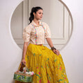Juniper Mustard Cotton Embroidered Top & Printed Skirt Set With Zig Zag Motifs