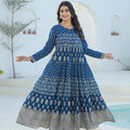 Juniper Indigo Ethnic Motif Printed Cotton Long Dress With Sequins & Thread Work